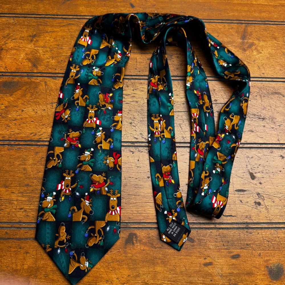 Mens Christmas Reindeer Silk Tie Teal Green Black Holiday‎ Novelty Necktie